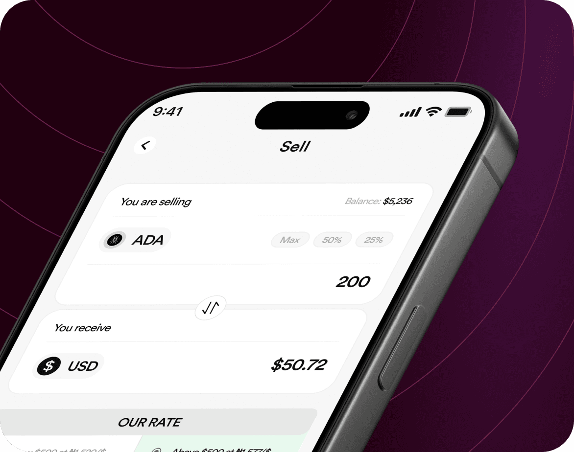FlipEx app showing Cardano sold and Naira credited to wallet