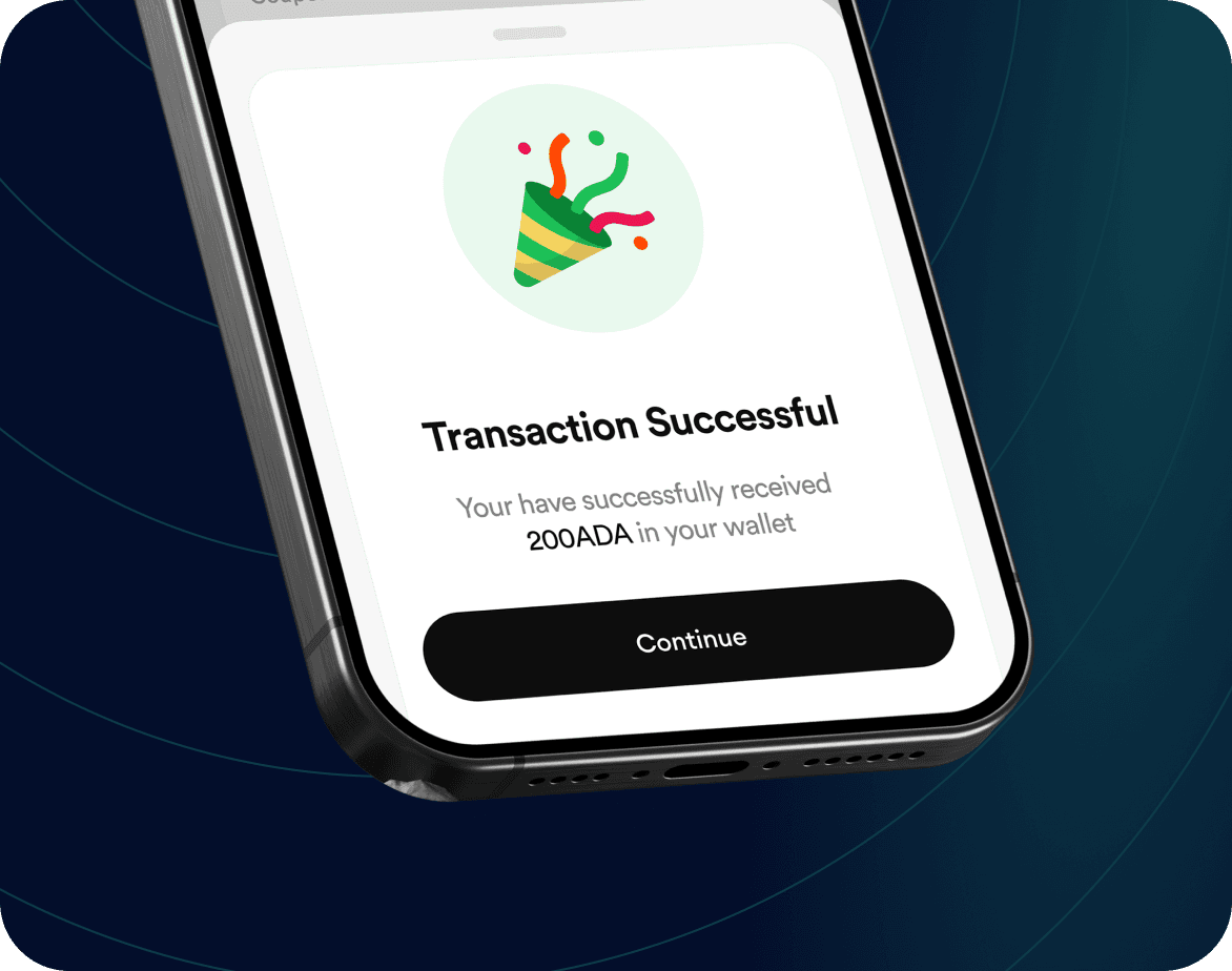 FlipEx app showing Cardano received successfully in wallet