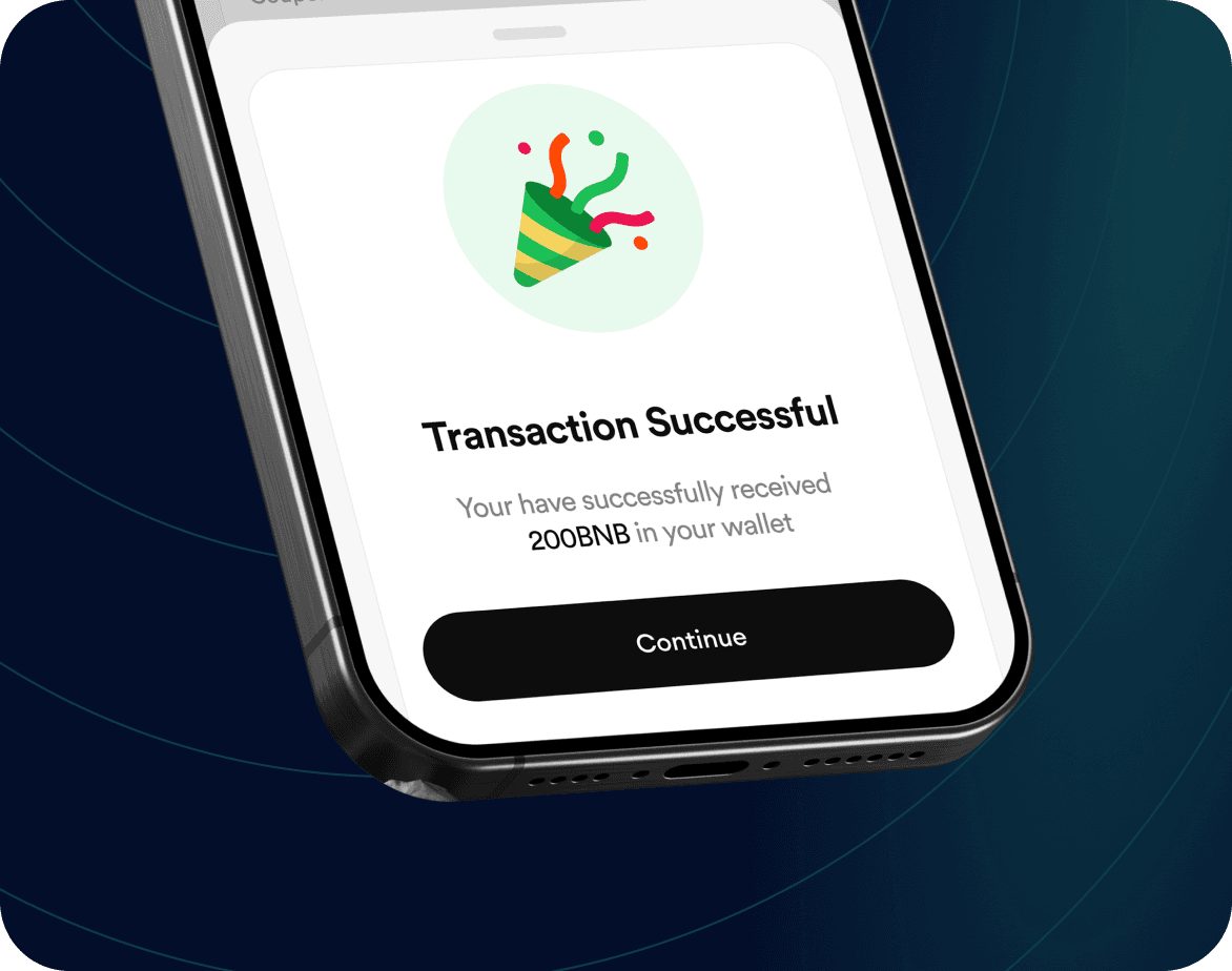 FlipEx app showing BNB received successfully in wallet