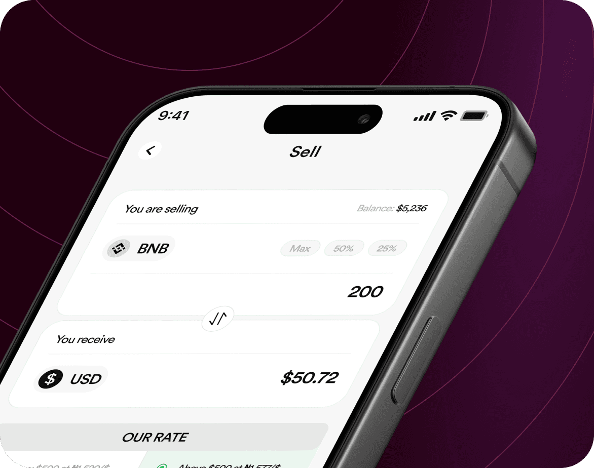 FlipEx app showing BNB sold and Naira credited to wallet
