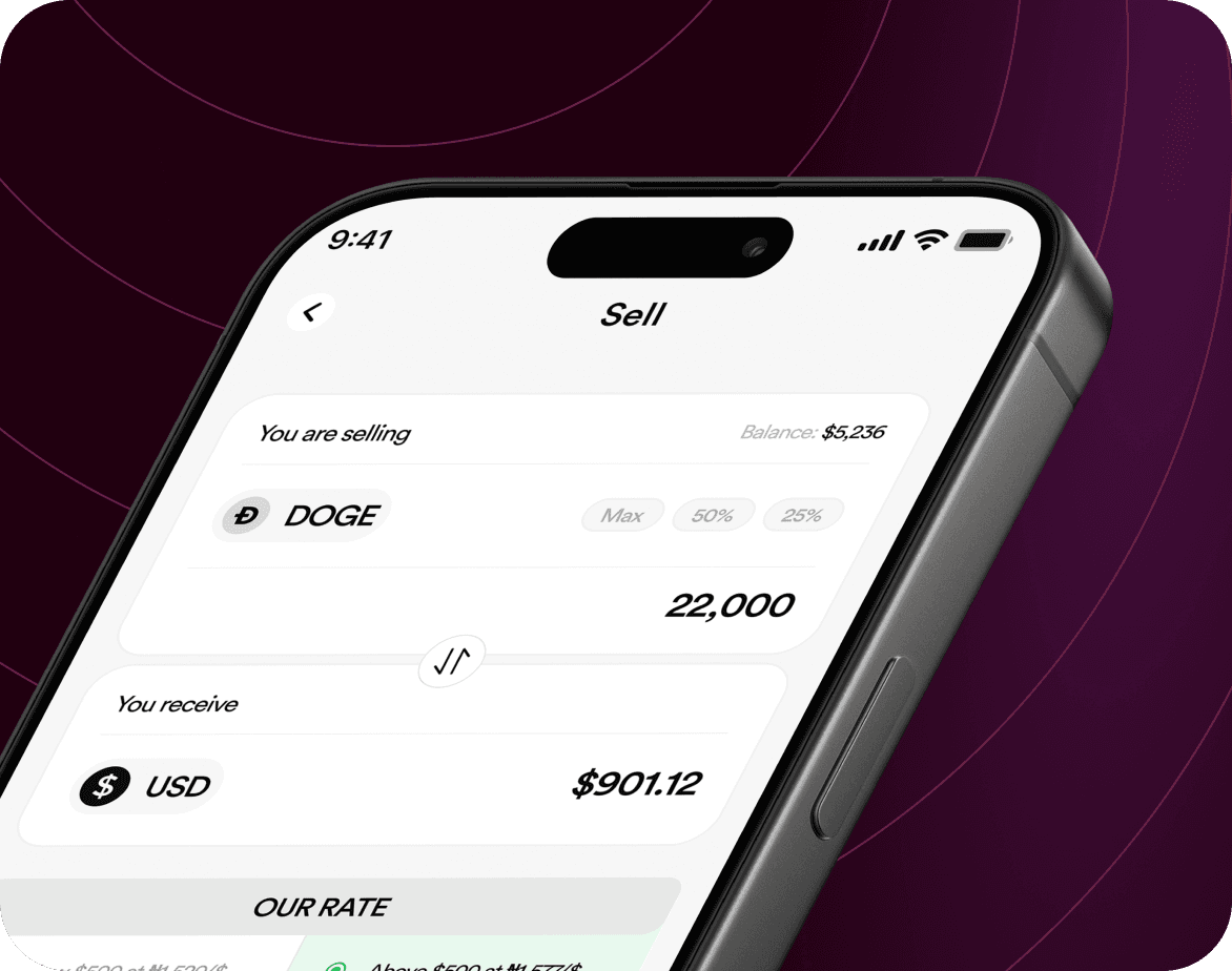 FlipEx app showing Dogecoin sold and Naira credited to wallet