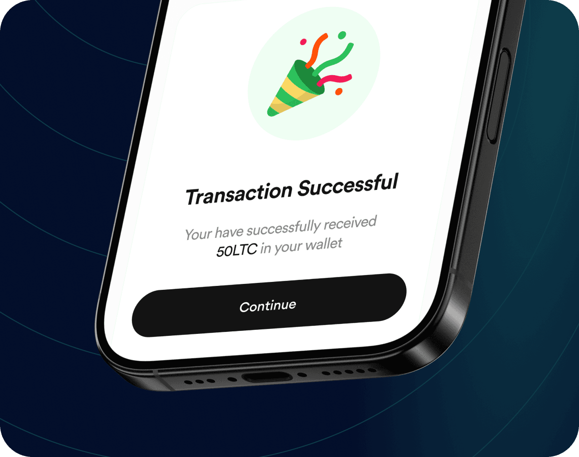 FlipEx app showing Litecoin received successfully in wallet