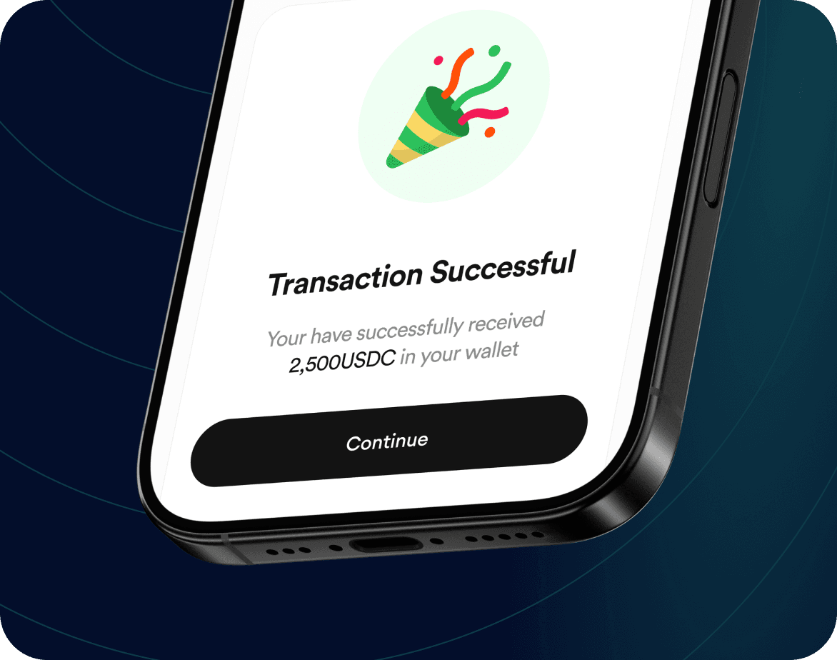 FlipEx app showing USDC received successfully in wallet