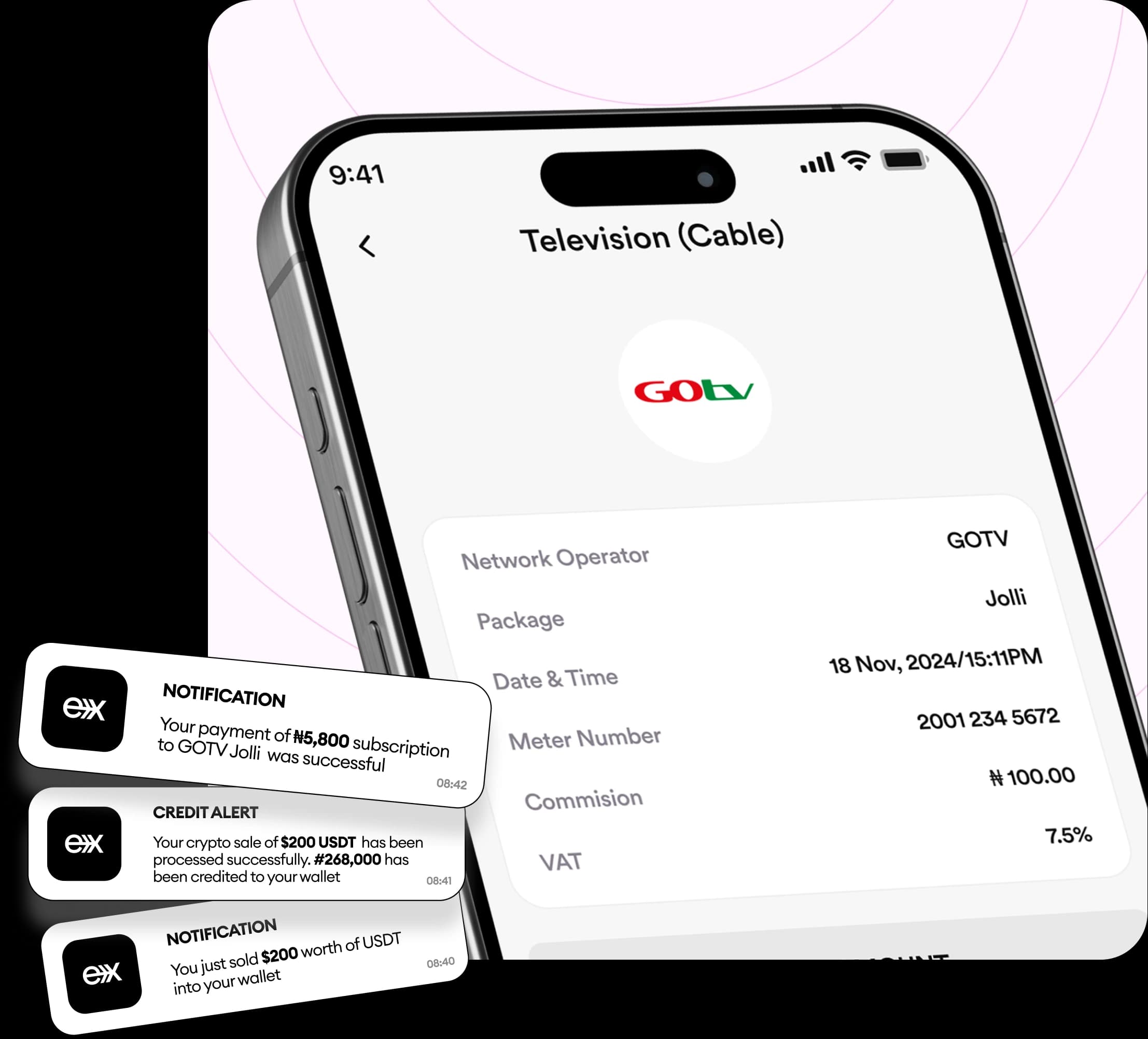 FlipEx app showing cable TV subscription screen for DStv, GOtv and StarTimes