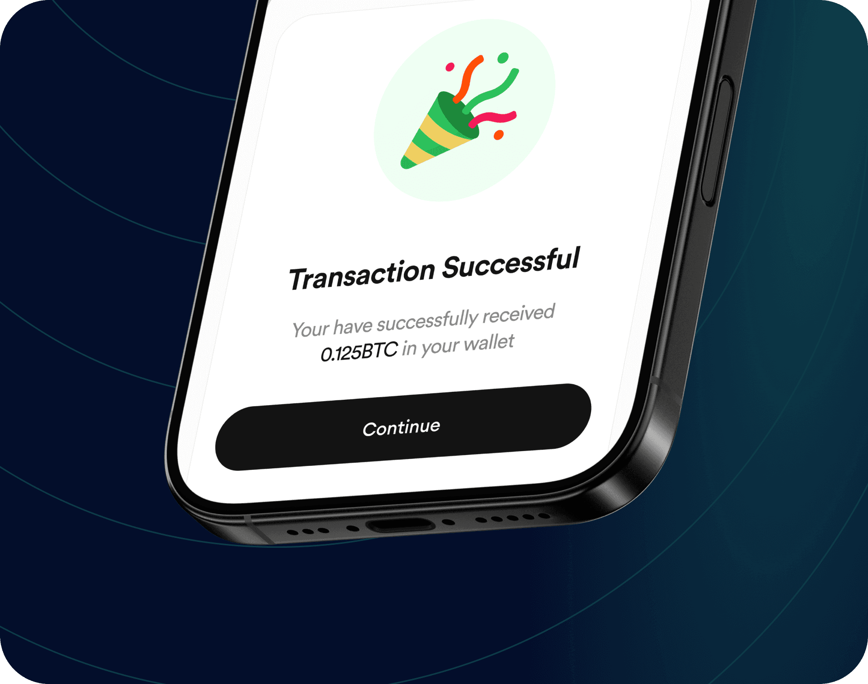 FlipEx app showing Bitcoin received successfully in wallet