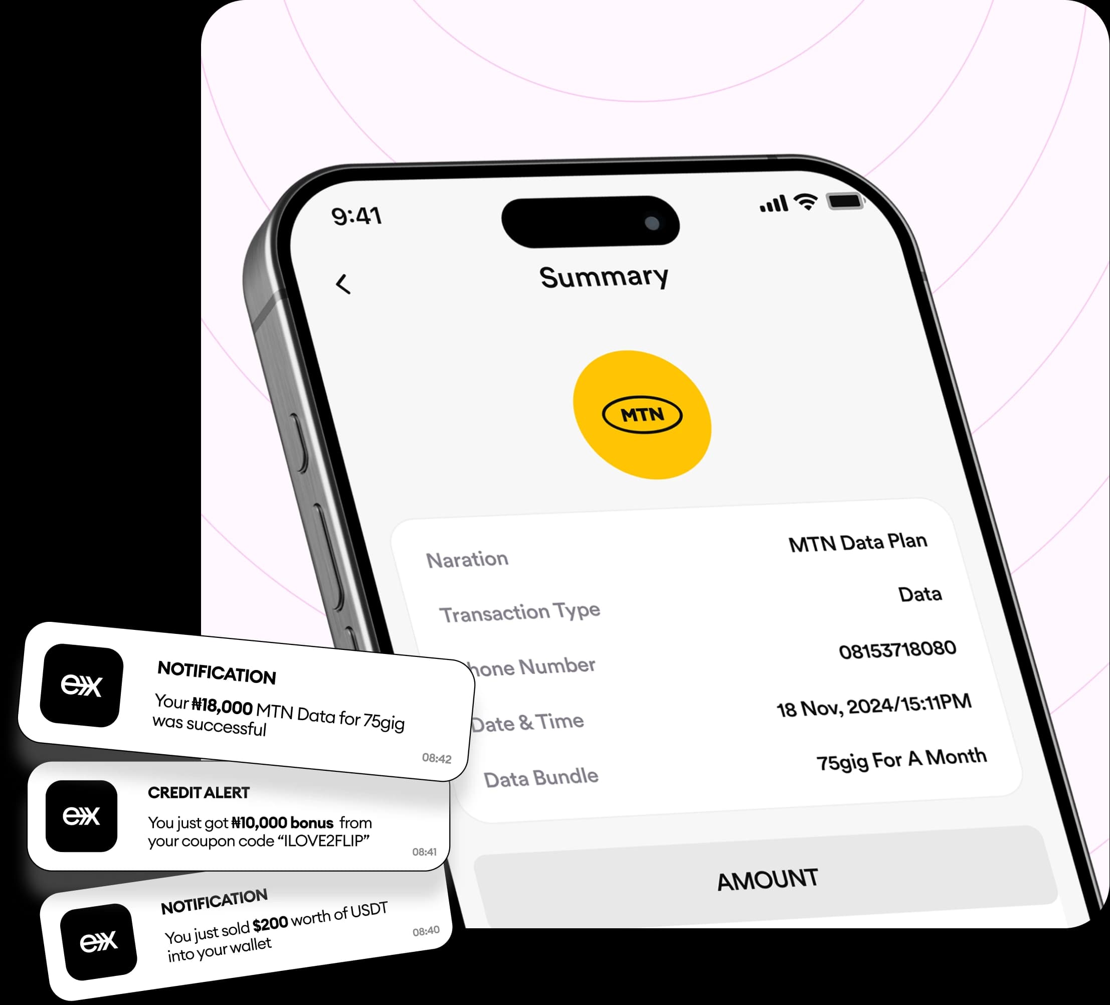 FlipEx app showing data bundle top-up screen for MTN, Airtel, GLO & T2 Mobile (9Mobile) in Nigeria