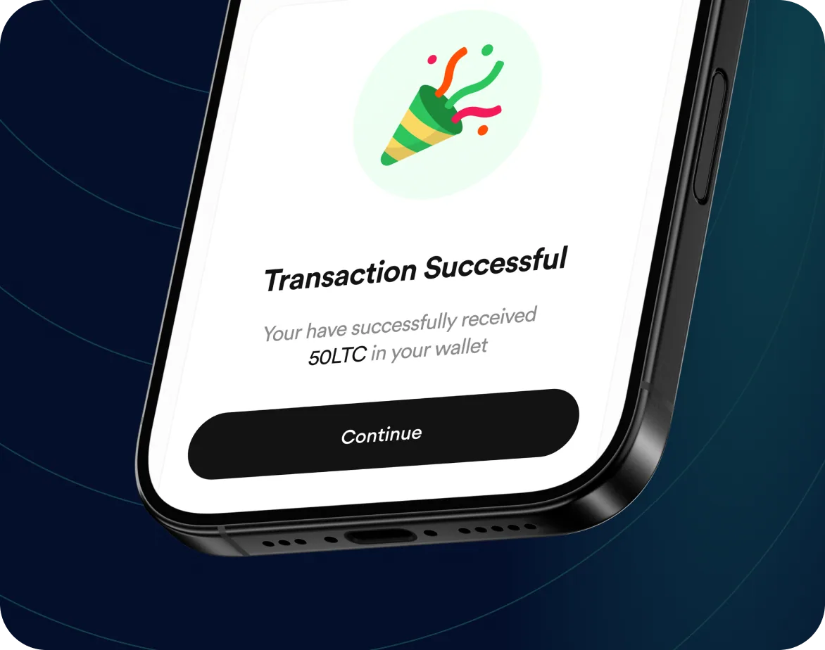 FlipEx app showing Litecoin received successfully in wallet