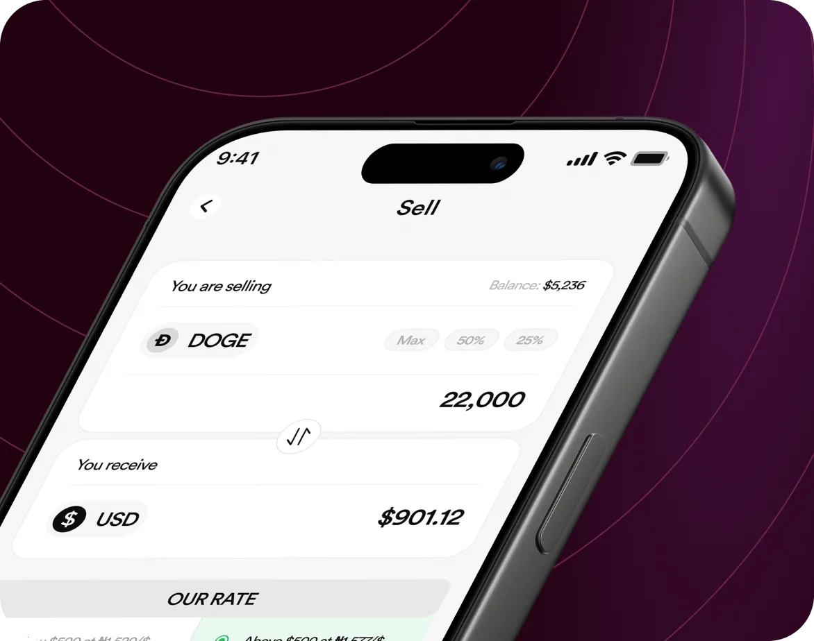 FlipEx app showing Dogecoin sold and Naira credited to wallet