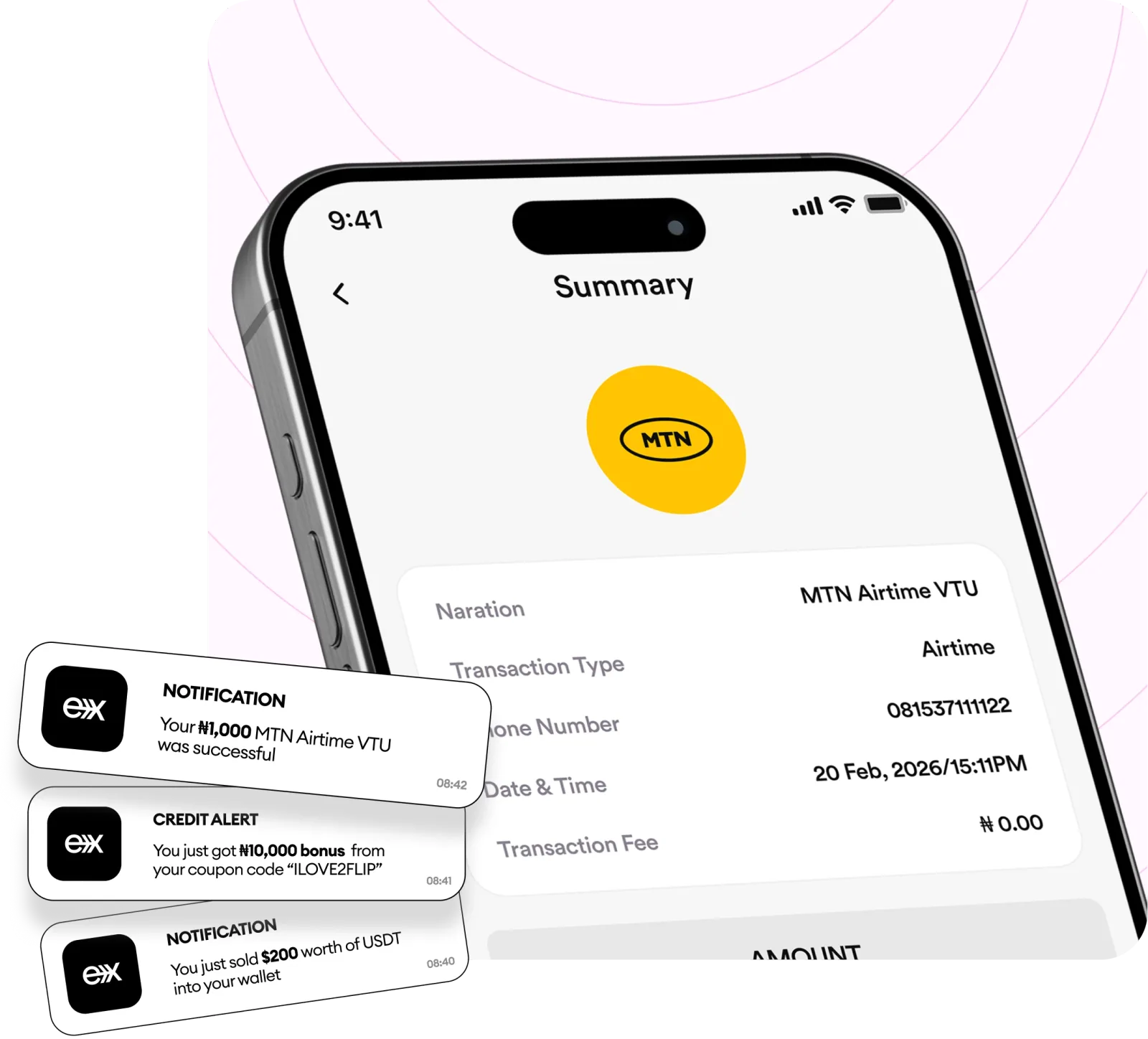 FlipEx app showing airtime purchase screen for MTN, Airtel and GLO recharge