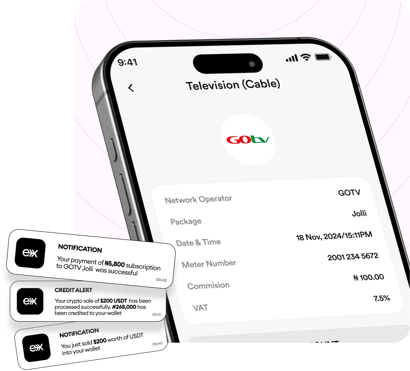 FlipEx app showing cable TV subscription screen for DStv, GOtv and StarTimes
