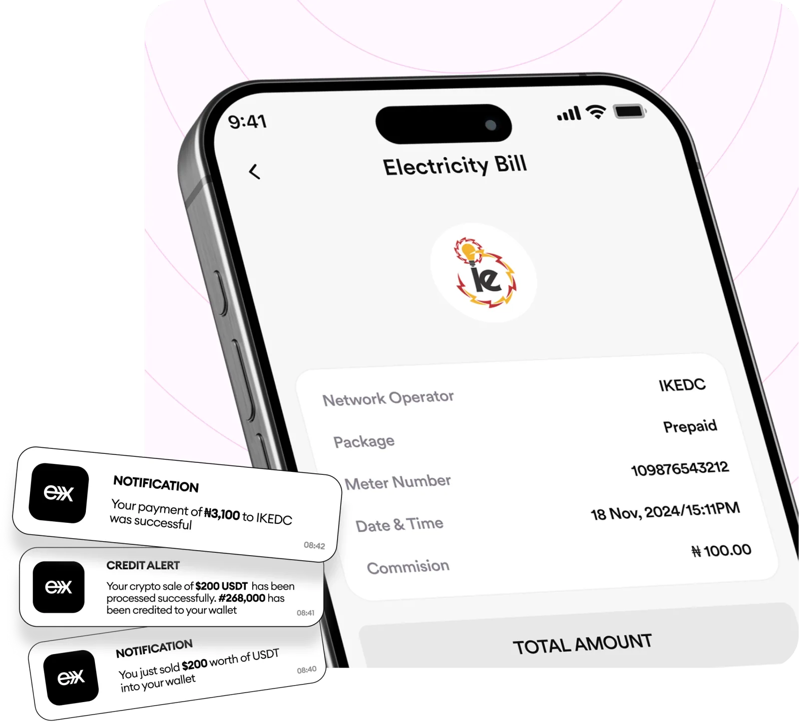 FlipEx app showing electricity bill payment screen for IKEDC, EKEDC and IBEDC