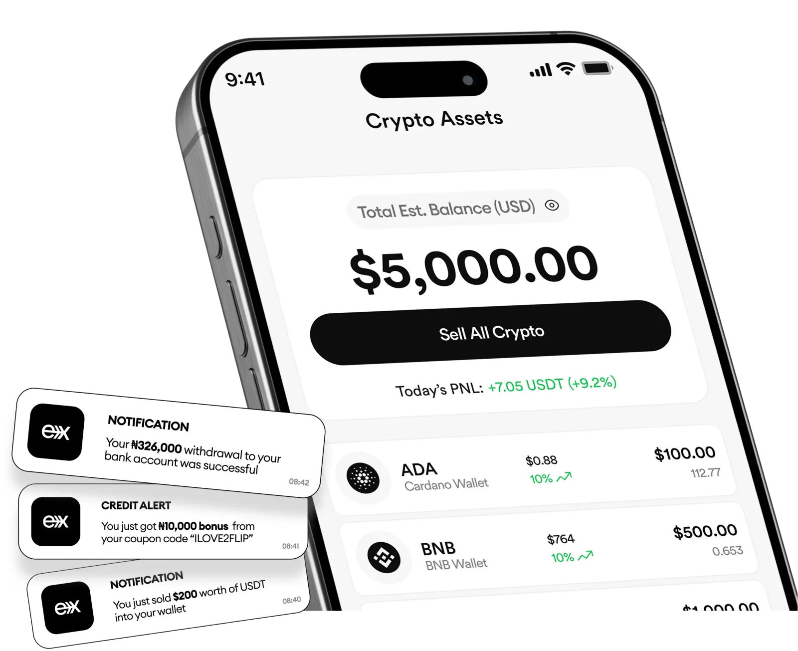 FlipEx app showing crypto assets screen for selling Bitcoin, USDT and other Crypto to Naira