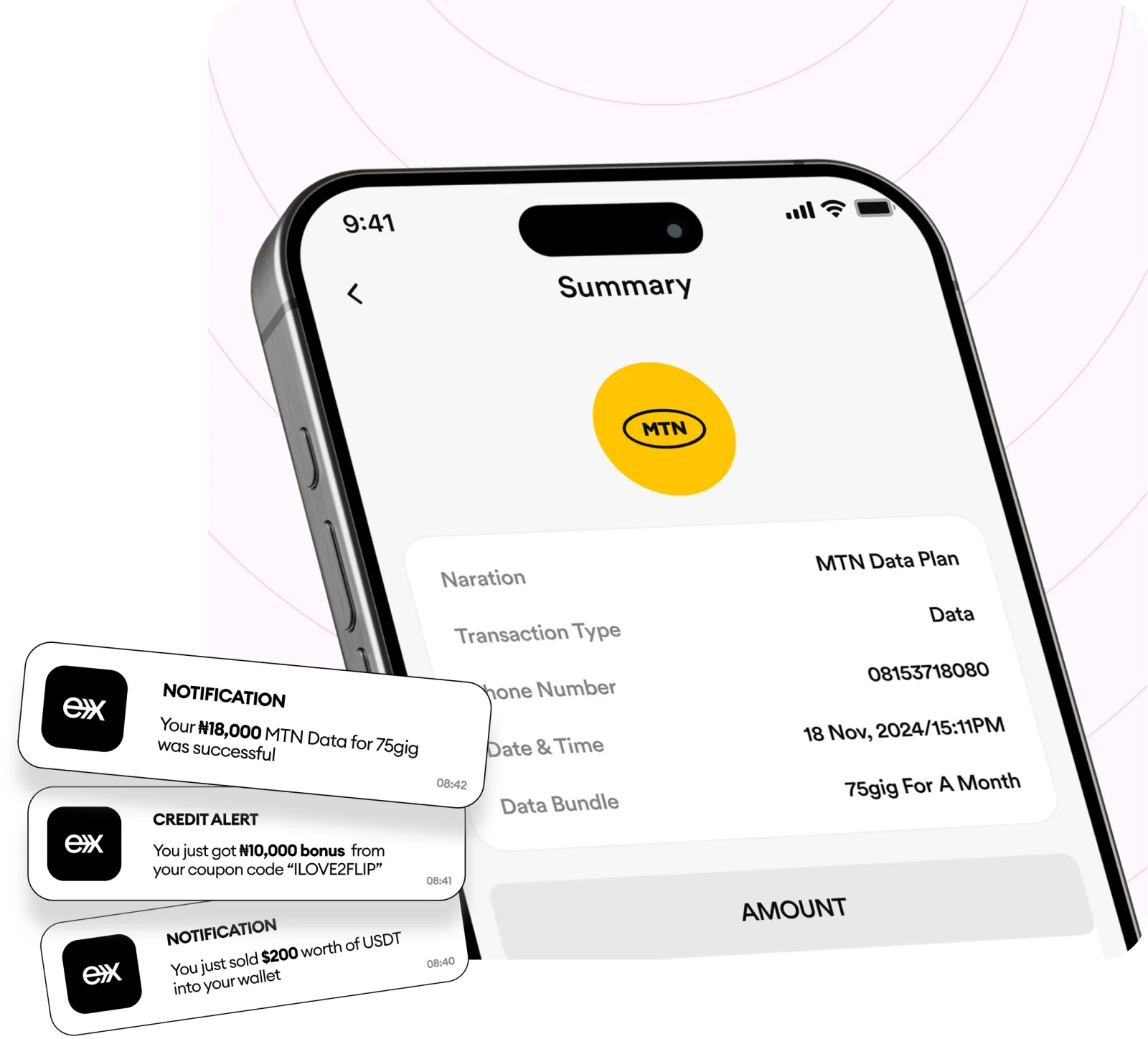FlipEx app showing data bundle top-up screen for MTN, Airtel, GLO & T2 Mobile (9Mobile) in Nigeria